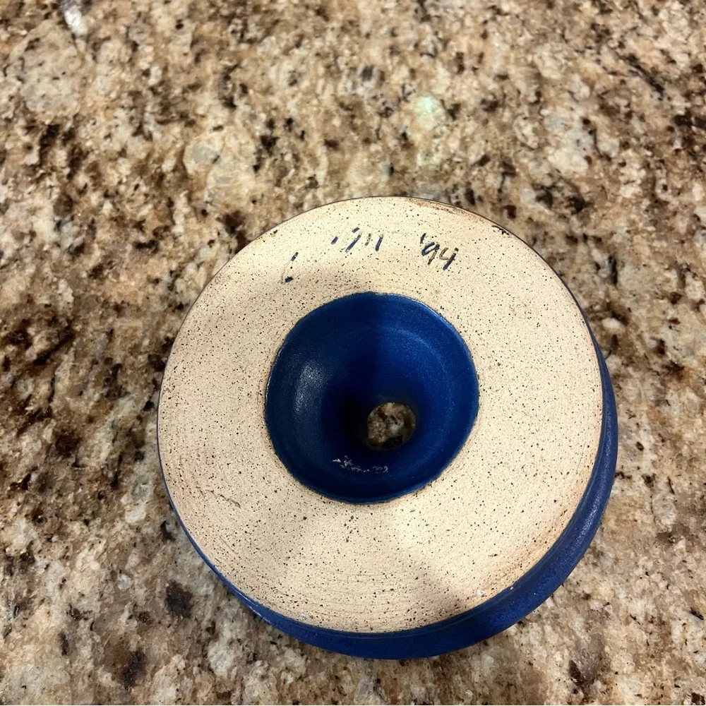 Vintage 90s Blue Pottery Hand Thrown Candlestick Taper Candle Holder Cottagecore
